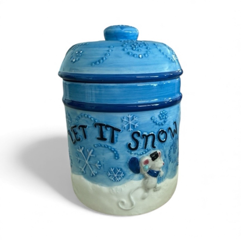 Christmas Houston Harvest Ceramic Jar Blue Let it Snow Holiday snowman - Picture 2 of 8